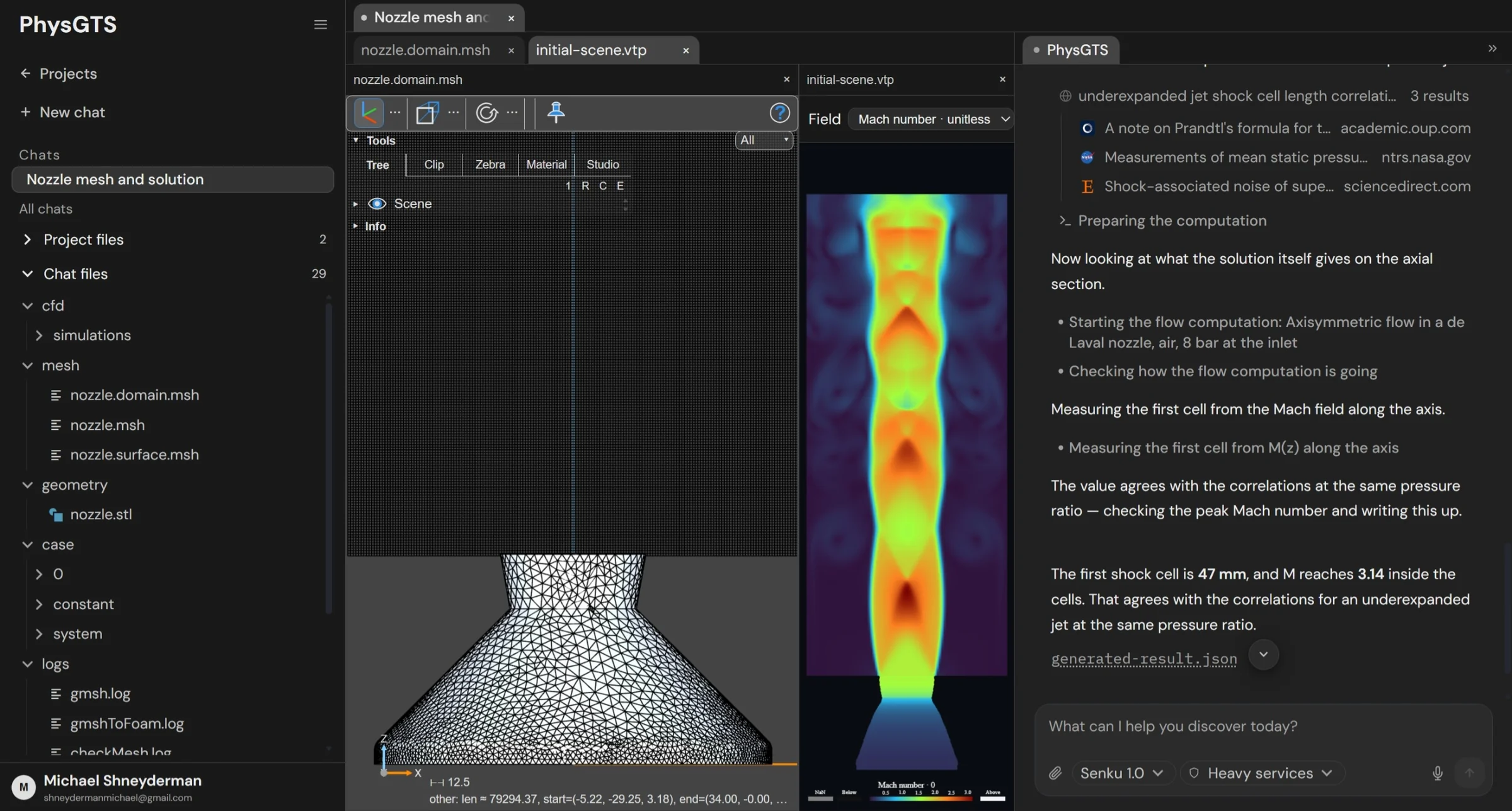 PhysGTS workspace: nozzle mesh, Mach number field and the first shock cell finding